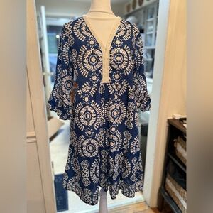 Saiph Lab Women's Santorini Mini Dress Size Large Blue Tiered V Neck Bell Sleeve